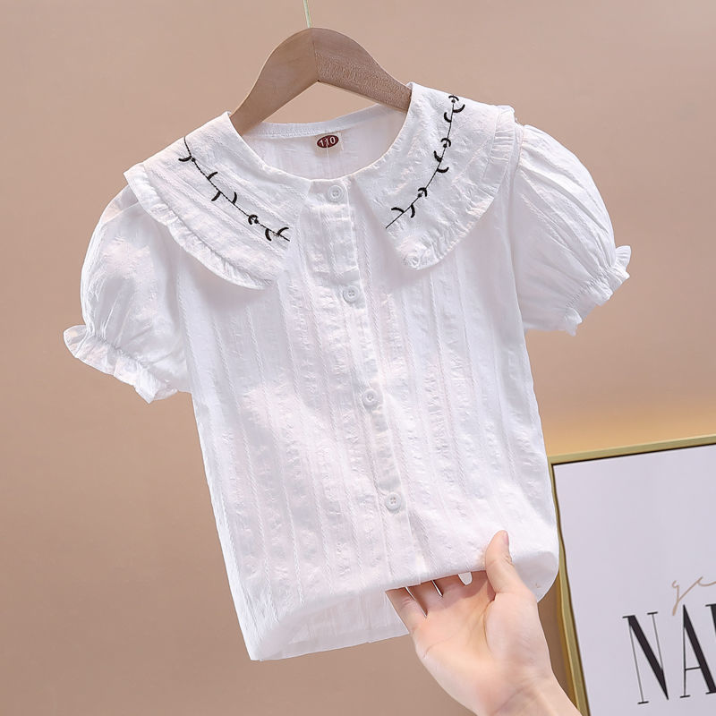 Girls' shirts children's bottoms white shirts spring and autumn summer 2022 new baby collar middle and small children's tops trend