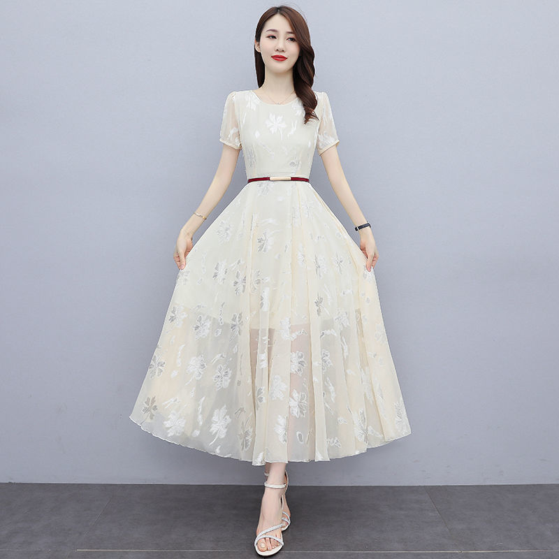 Chiffon dress slimming summer dress  new lady lady temperament slim fit belly high-end big swing skirt