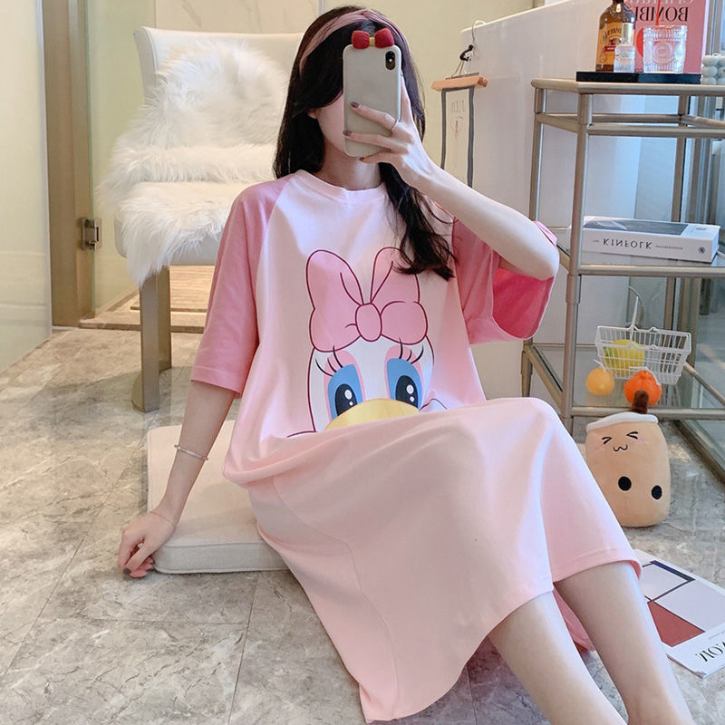 Summer pure cotton short-sleeved nightdress ladies cute mid-length over-the-knee loose pregnant women fat mm plus size pajamas thin