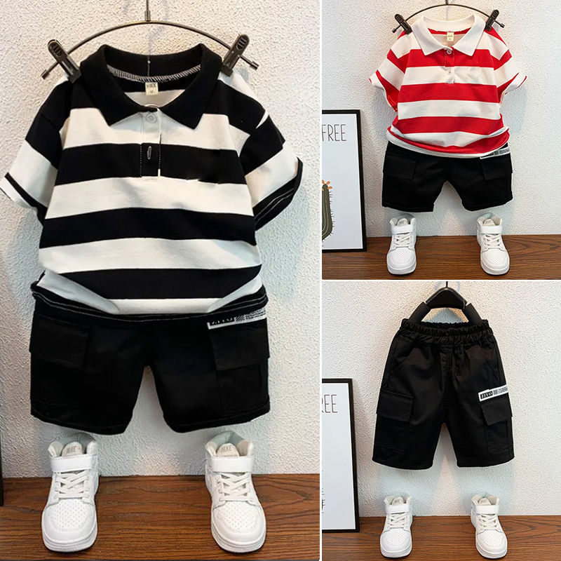 男童短袖套裝夏裝兒童洋氣時髦條紋帥氣Polo衫兩件套寶寶衣服夏季
