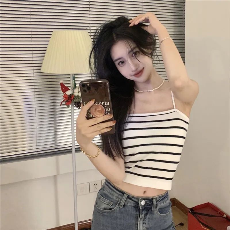 Black and white stripe suspender tank top women's inside and outside wearing girls' underwear thin back Strapless short bottomed top