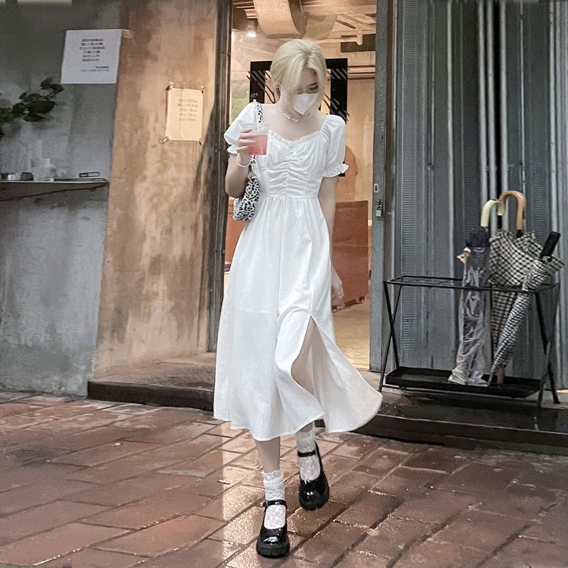 Design sense waist white slit French dress female summer new pure desire style temperament puff sleeve long skirt