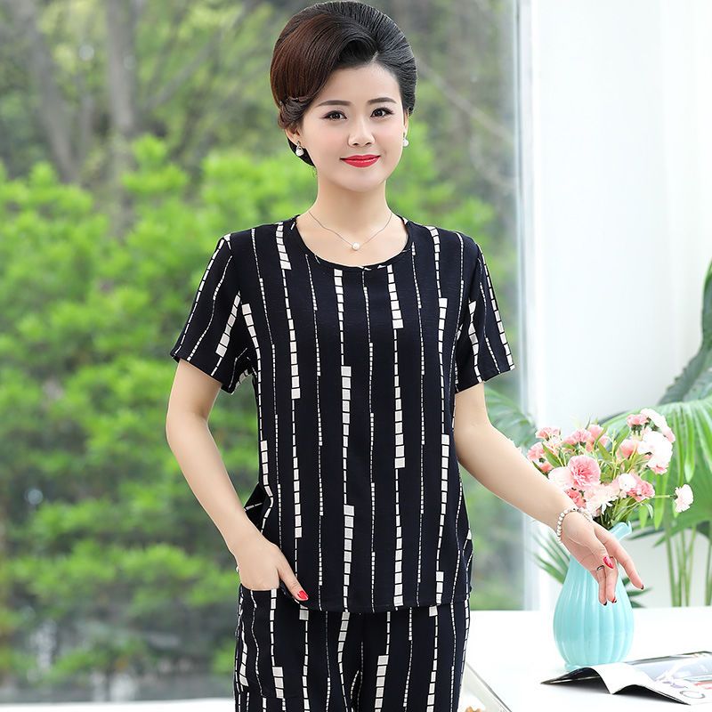 Artificial cotton women's two-piece summer mother's clothing cotton silk short-sleeved women's suit loose large size home service two-piece