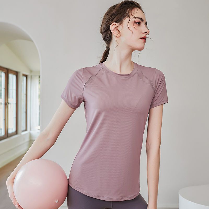 速干运动短袖T恤女夏季薄款瑜伽服修身显瘦跑步网纱拼接健身上衣