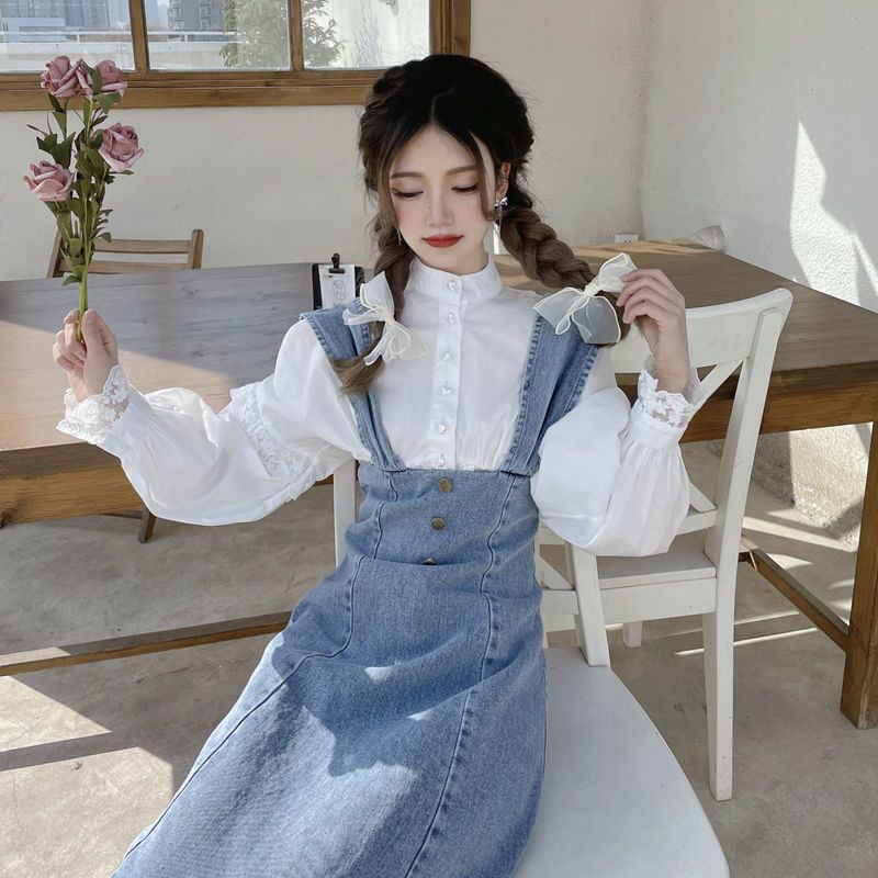 French sweet design sense denim suspender skirt gentle wind small milk sweet fishtail dress female spring and autumn