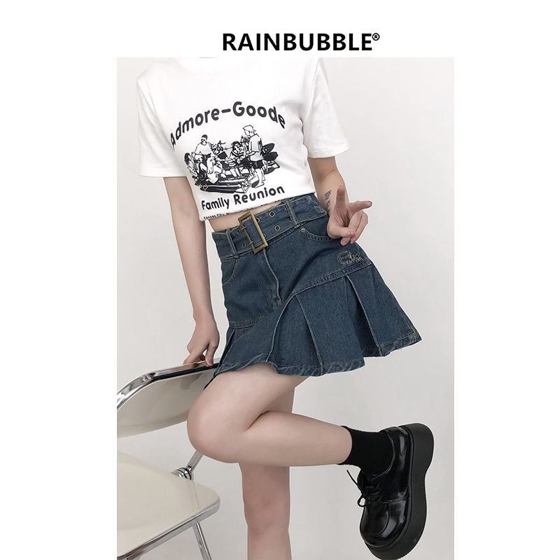 雨氣泡~設計感小眾辣妹復古牛仔短裙女包臀a字裙春夏季百褶半身裙
