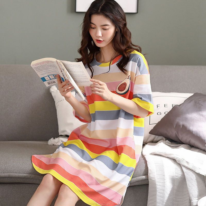 100% cotton nightdress women's summer short-sleeved card through the knee dress Korean style student cute outerwear summer pajamas
