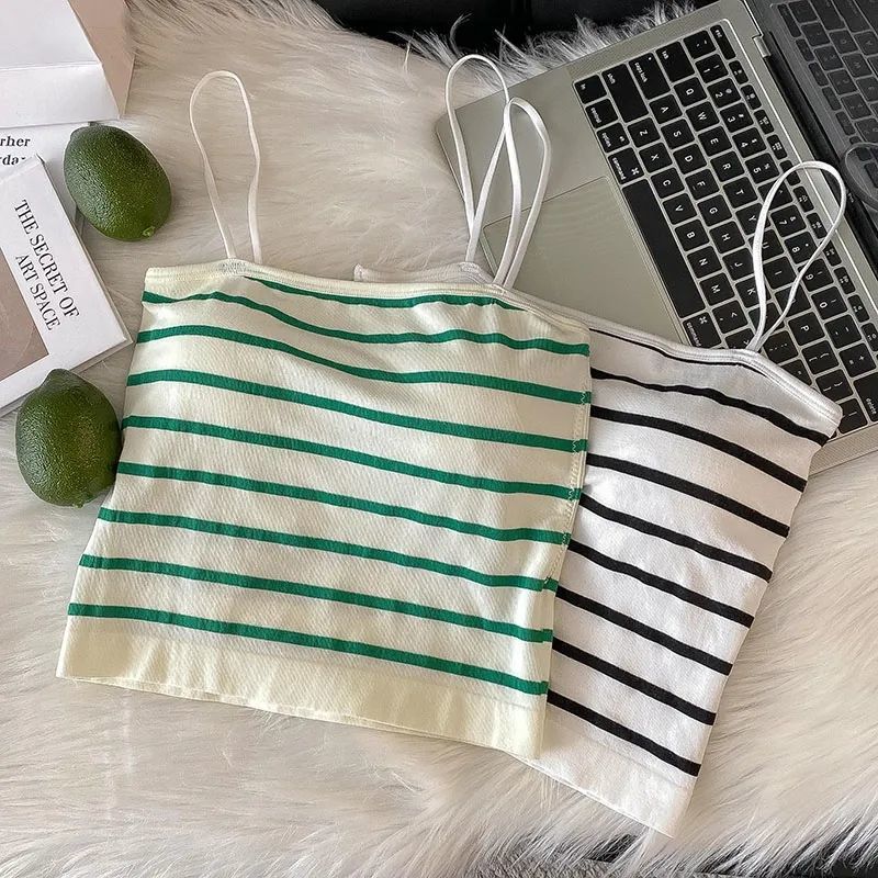Black and white stripe suspender tank top women's inside and outside wearing girls' underwear thin back Strapless short bottomed top