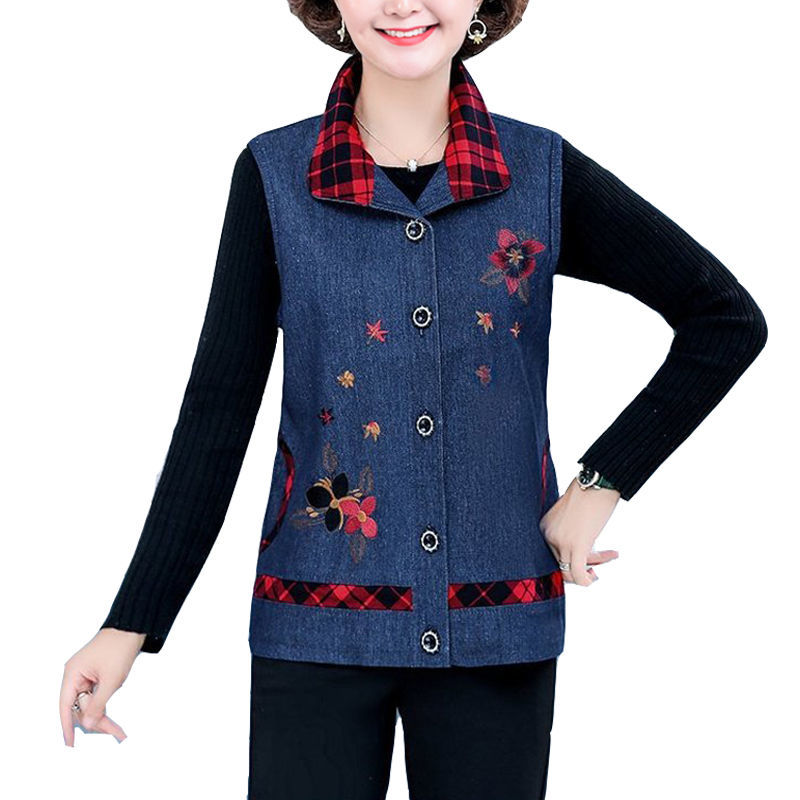 Middle-aged and elderly women's vest spring and autumn thin section large size denim jacket mother sleeveless waistcoat waistcoat grandma vest outside wear