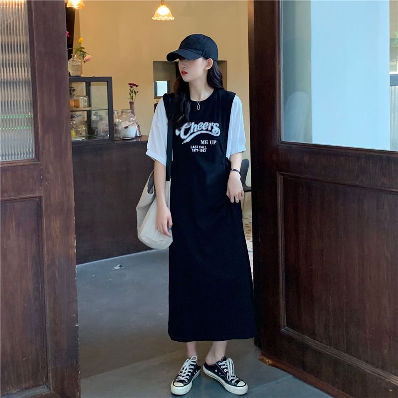 Stitching fake two-piece dress fat MM extra large size 300 catties loose hidden meat slimming letter print over-the-knee T-shirt skirt