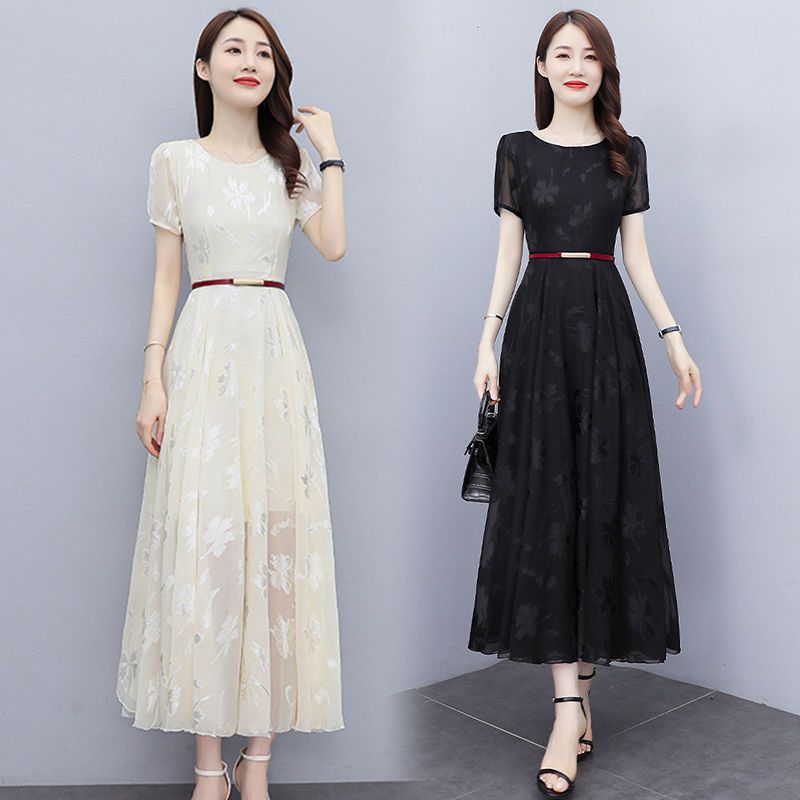 Chiffon dress slimming summer dress  new lady lady temperament slim fit belly high-end big swing skirt