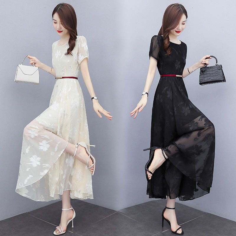 Chiffon dress slimming summer dress  new lady lady temperament slim fit belly high-end big swing skirt