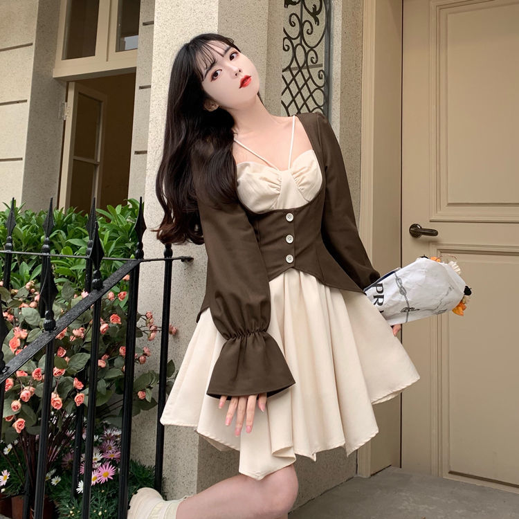 大碼胖妹妹收腰顯瘦別致不規則吊帶上衣女撞色拼接疊穿假兩件短裙