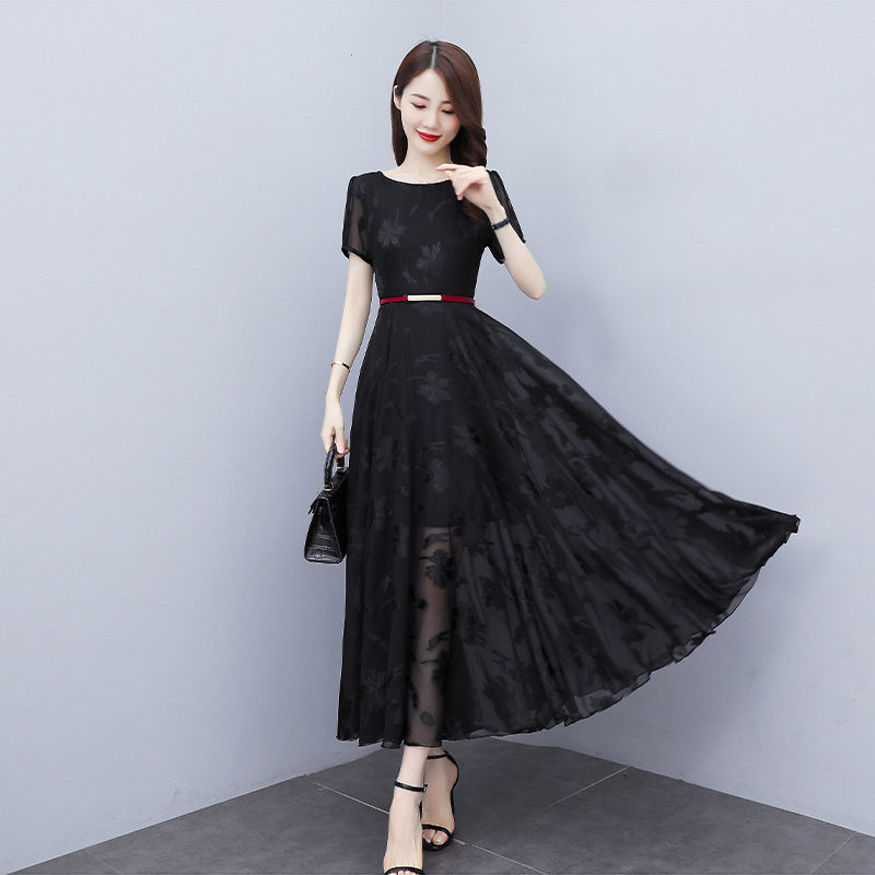 Chiffon dress slimming summer dress  new lady lady temperament slim fit belly high-end big swing skirt