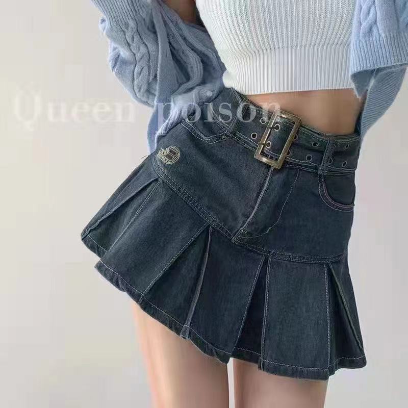 復古美式辣妹刺繡牛仔裙女春夏新款高腰顯瘦顯高A字半身百褶短裙