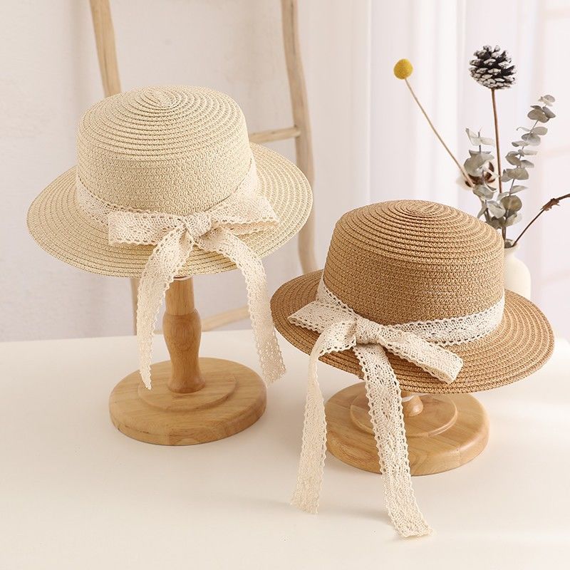 Girls' straw hat summer sun hat children's sun hat flat top flat brim Holiday Beach Hat Baby Bow Hat tide