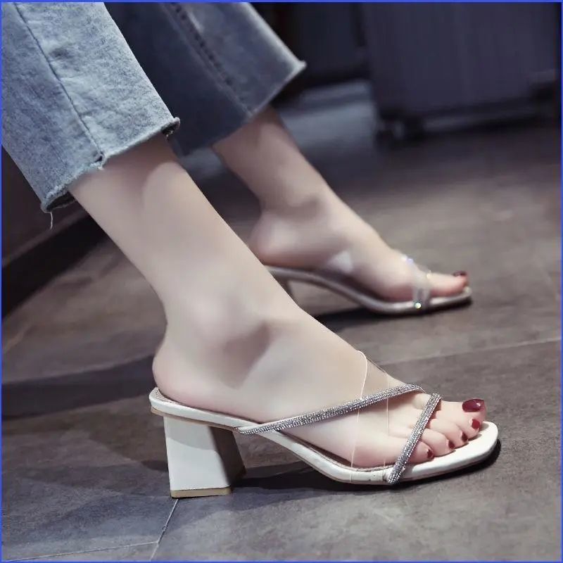透明高跟拖鞋女夏外穿網紅超火2022新款水晶粗跟涼拖仙女風一字拖
