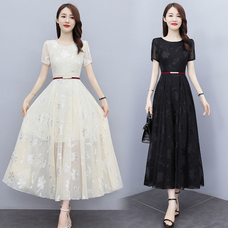 Chiffon dress slimming summer dress  new lady lady temperament slim fit belly high-end big swing skirt