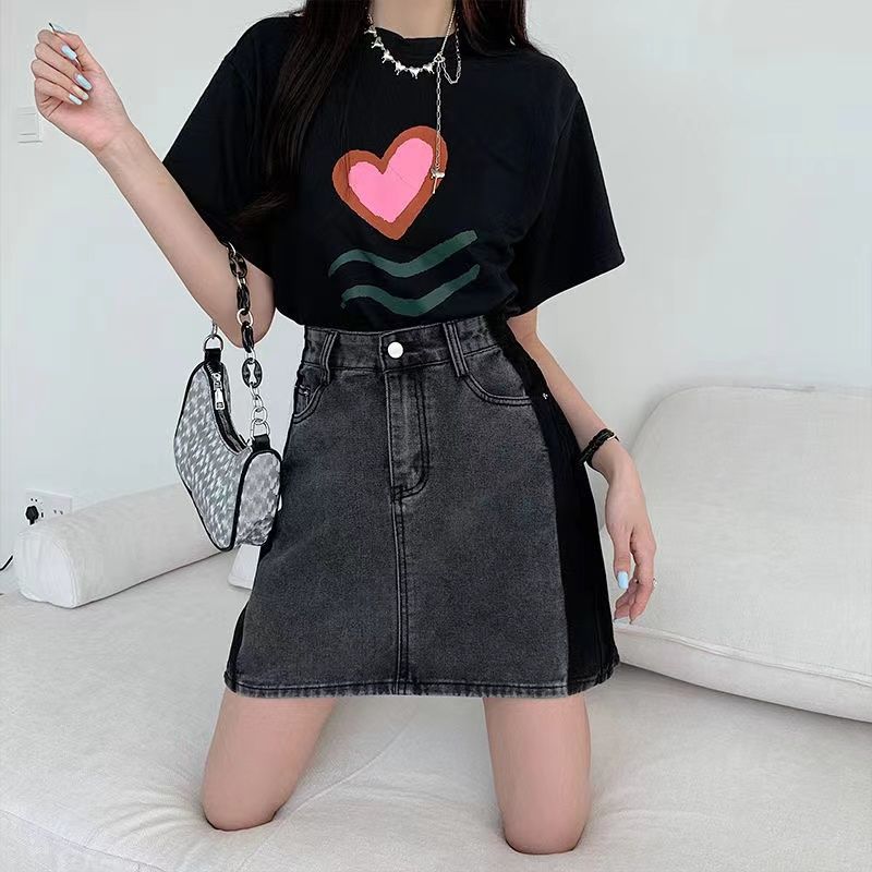 Stitching and contrasting color smoke gray denim skirt women's high waist retro a-line skirt all-match slimming design skirt