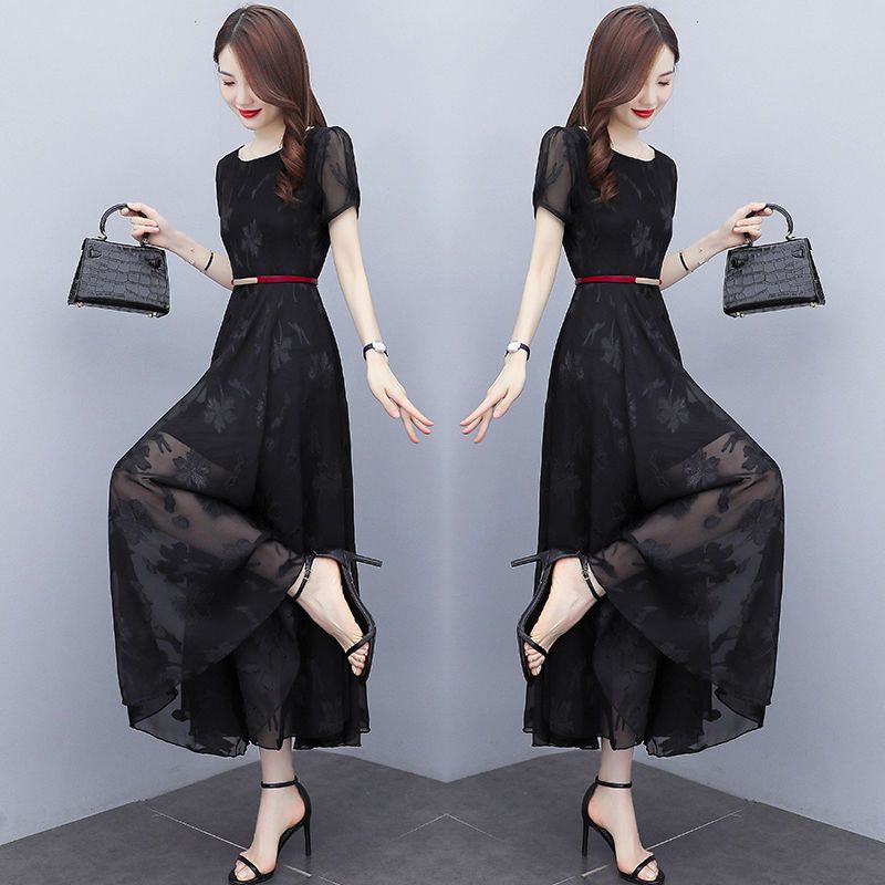 Chiffon dress slimming summer dress  new lady lady temperament slim fit belly high-end big swing skirt