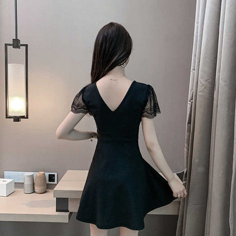 Nightclub short skirt low-cut V-neck cover belly slim night work clothes nightclub sexy lace sexy dress