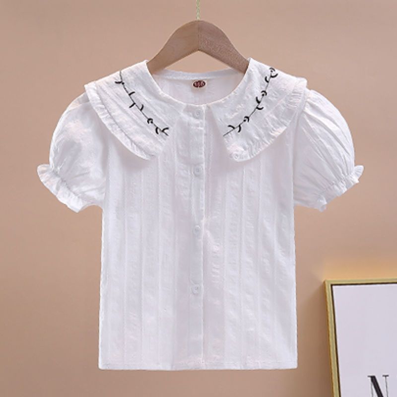 Children's Short Sleeved Shirt Girls' shirt summer doll collar small white shirt 2022 Korean version foreign girls' thin fashion