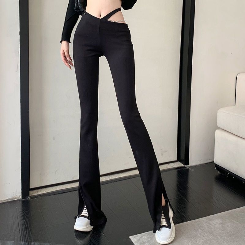  new design sense chain hollow black high waist casual mopping micro boot pants slit hot girl slim wide legs
