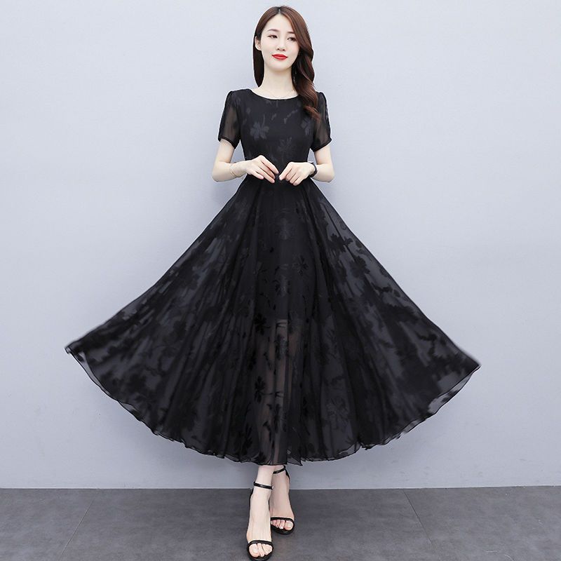 Chiffon dress slimming summer dress  new lady lady temperament slim fit belly high-end big swing skirt