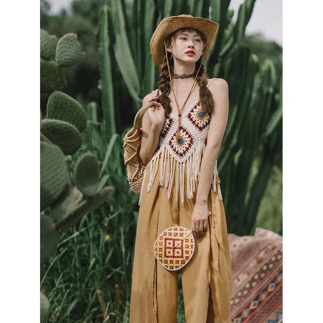 Dream Horse Original Homemade Ethnic Style Suspenders Yunnan Great Northwest Travel Hook Flower Bohemian Style Tassel Vest