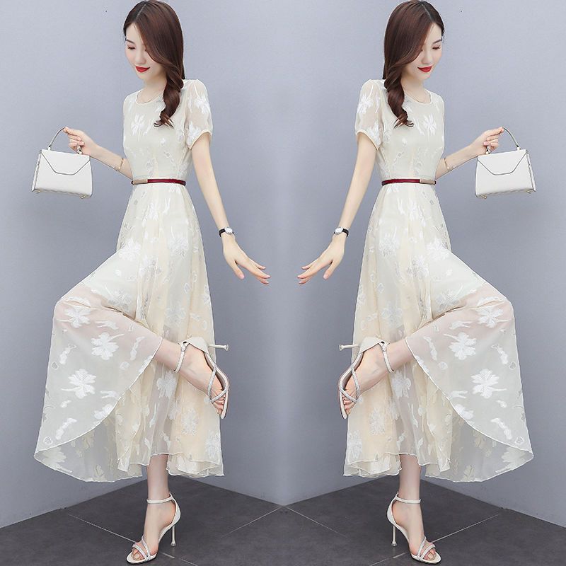 Chiffon dress slimming summer dress  new lady lady temperament slim fit belly high-end big swing skirt