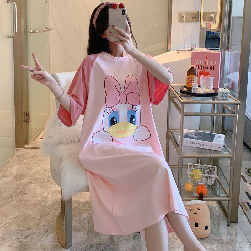 Summer pure cotton short-sleeved nightdress ladies cute mid-length over-the-knee loose pregnant women fat mm plus size pajamas thin