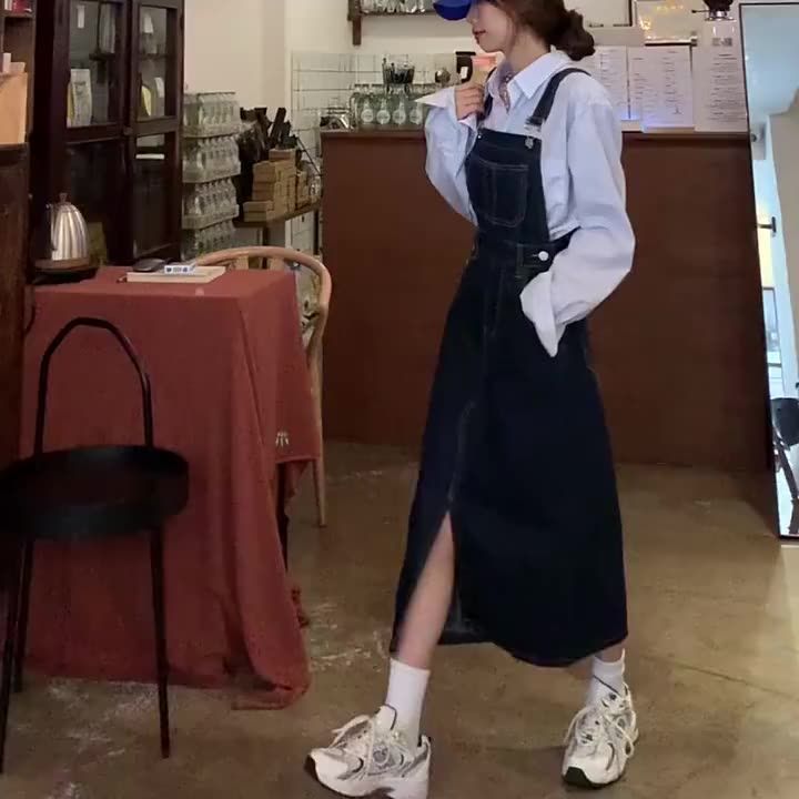 大碼胖mm牛仔背帶裙女2023春秋新款韓版寬鬆氣質連衣裙顯瘦長裙子