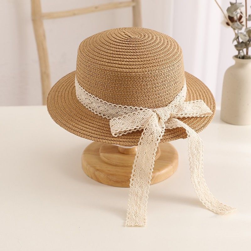 Girls' straw hat summer sun hat children's sun hat flat top flat brim Holiday Beach Hat Baby Bow Hat tide