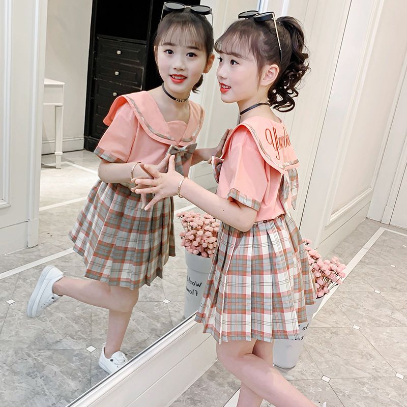 女童套裝夏裝2022新款洋氣網紅童裝小女孩學院風兒童套裙兩件套潮