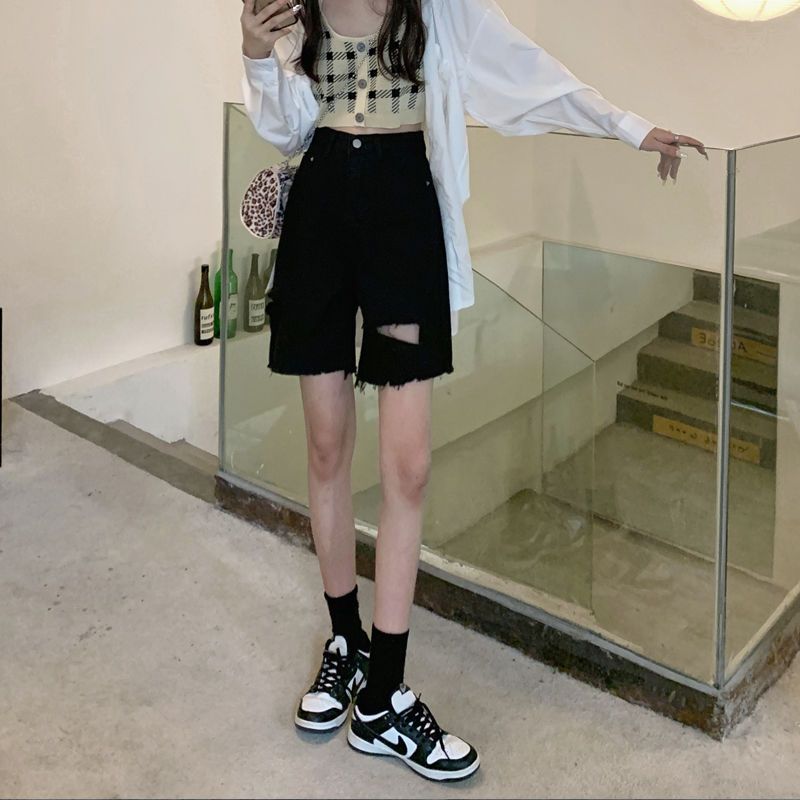 牛仔五分短褲女夏季大碼胖妹妹mm寬鬆顯瘦高腰破洞直筒中褲潮