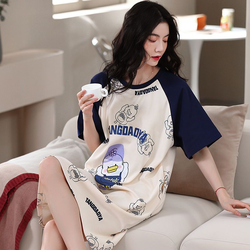 100% cotton nightdress women's summer short-sleeved card through the knee dress Korean style student cute outerwear summer pajamas