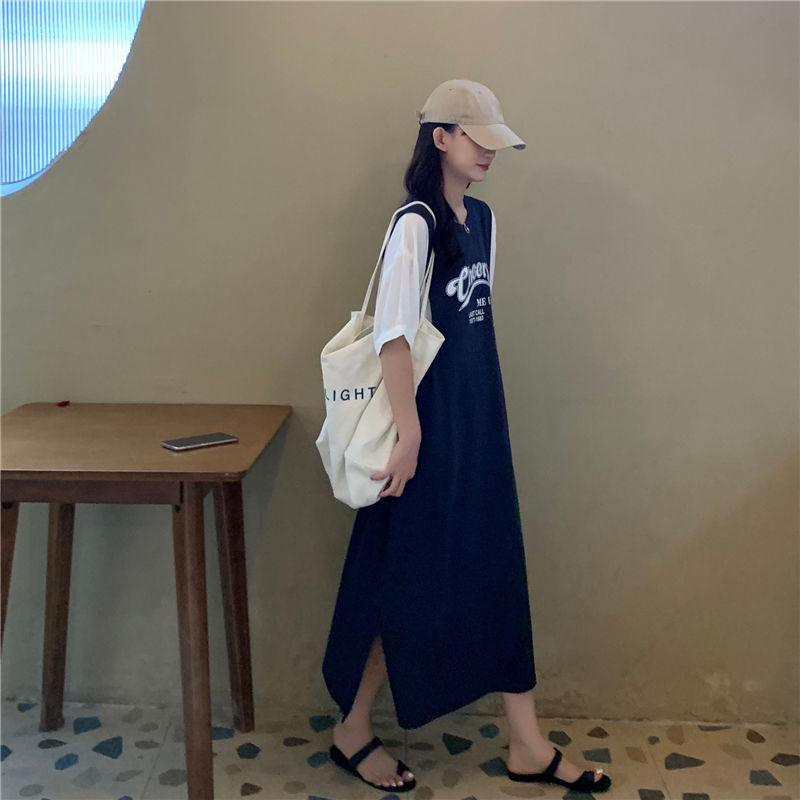 Stitching fake two-piece dress fat MM extra large size 300 catties loose hidden meat slimming letter print over-the-knee T-shirt skirt