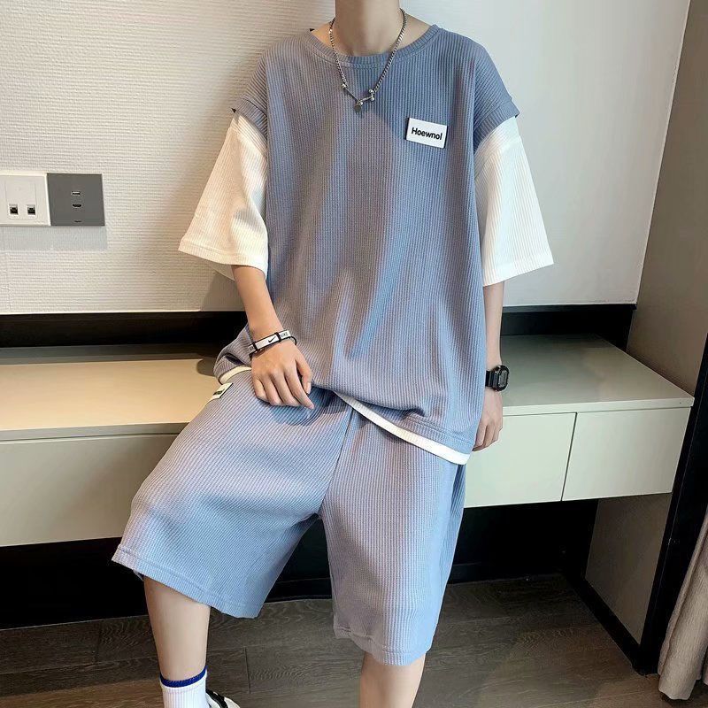 Waffle casual suit men's summer fake two-piece trendy short-sleeved T-shirt ins Hong Kong style sports tide brand five-point shorts