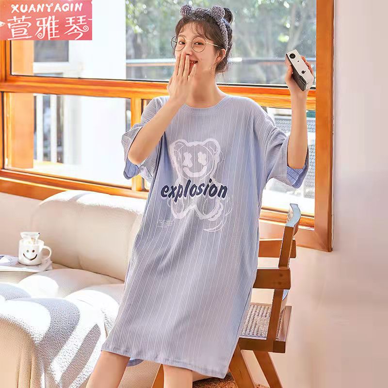 Nightdress women's summer short-sleeved V-neck 100% double-sided fresh and sweet ladies loose pregnant women large size home dress