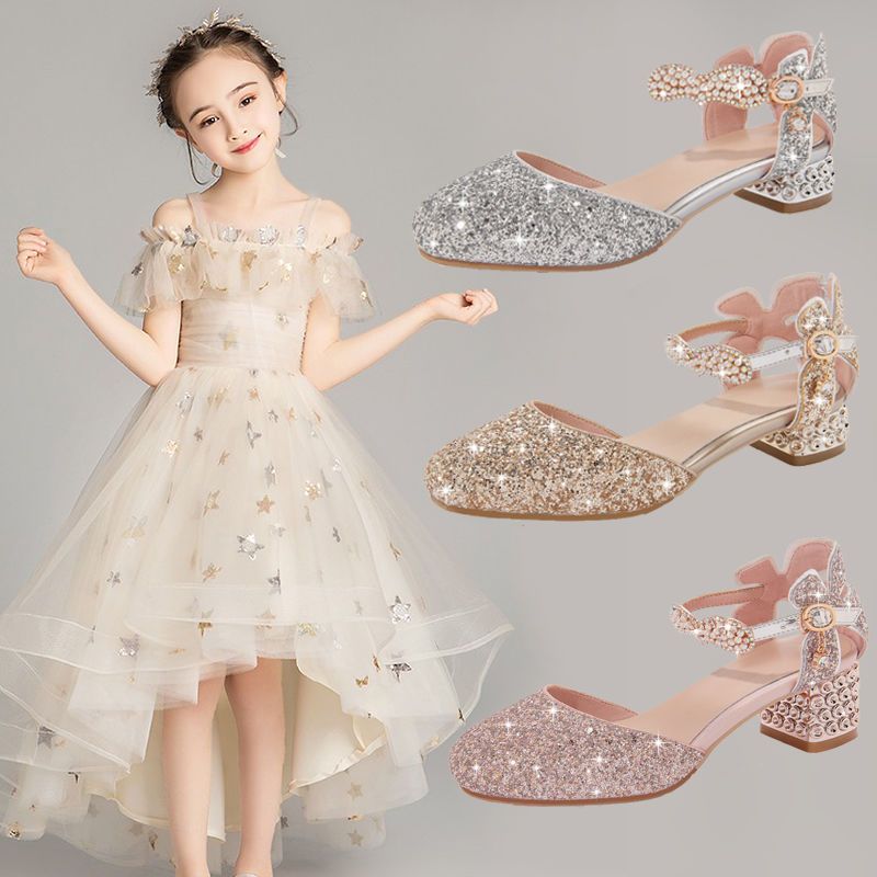 女童鞋子春夏季儿童高跟公主水晶鞋2023新款小女孩演出礼服皮凉鞋