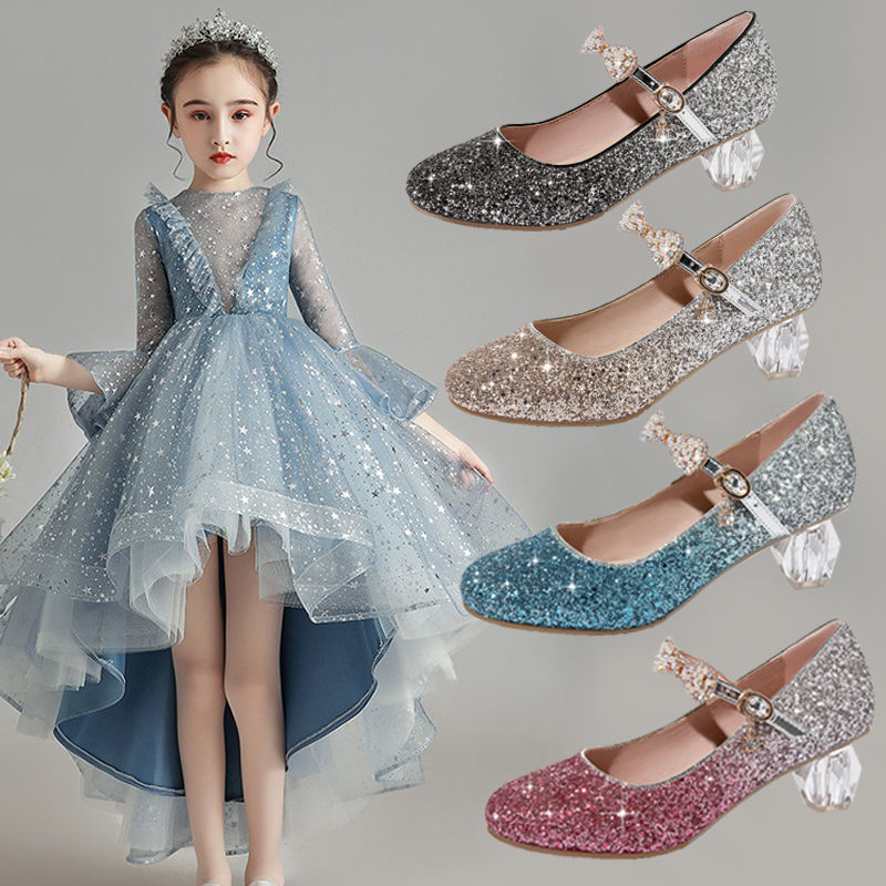 女童鞋子春夏季儿童高跟公主水晶鞋2023新款小女孩演出礼服皮凉鞋