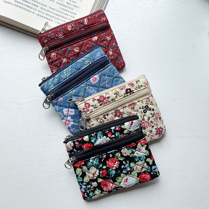 Vintage zero wallet double zipper card bag middle aged and elderly people hold small wallet broken flowers to store soft cotton key bag