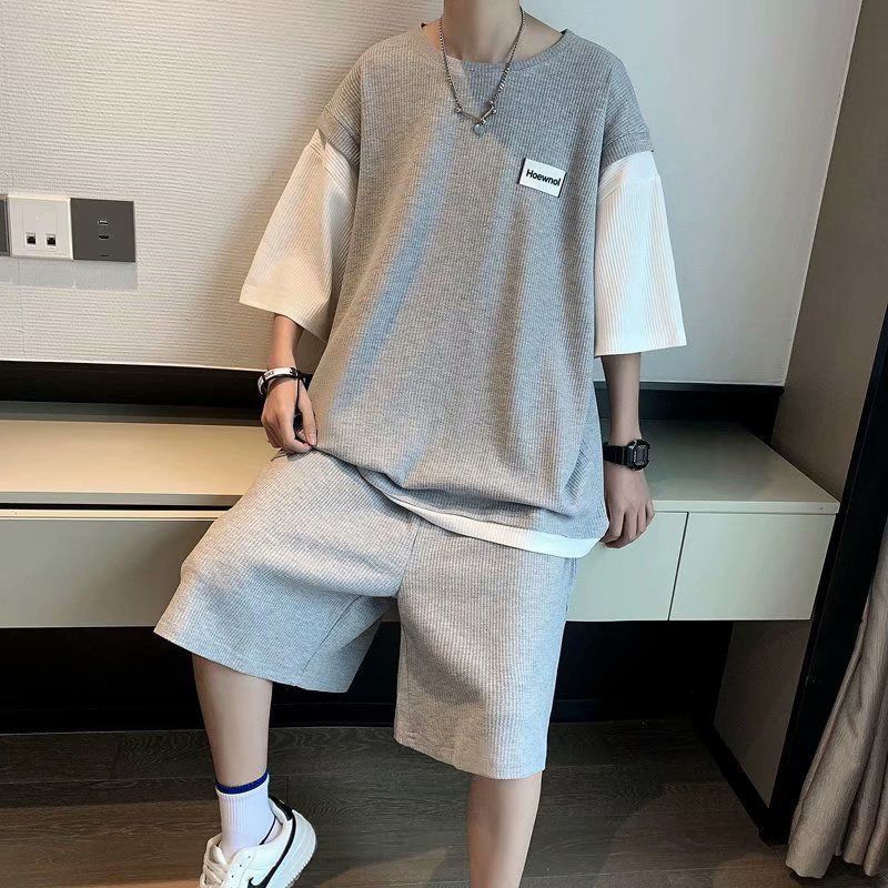 Waffle casual suit men's summer fake two-piece trendy short-sleeved T-shirt ins Hong Kong style sports tide brand five-point shorts