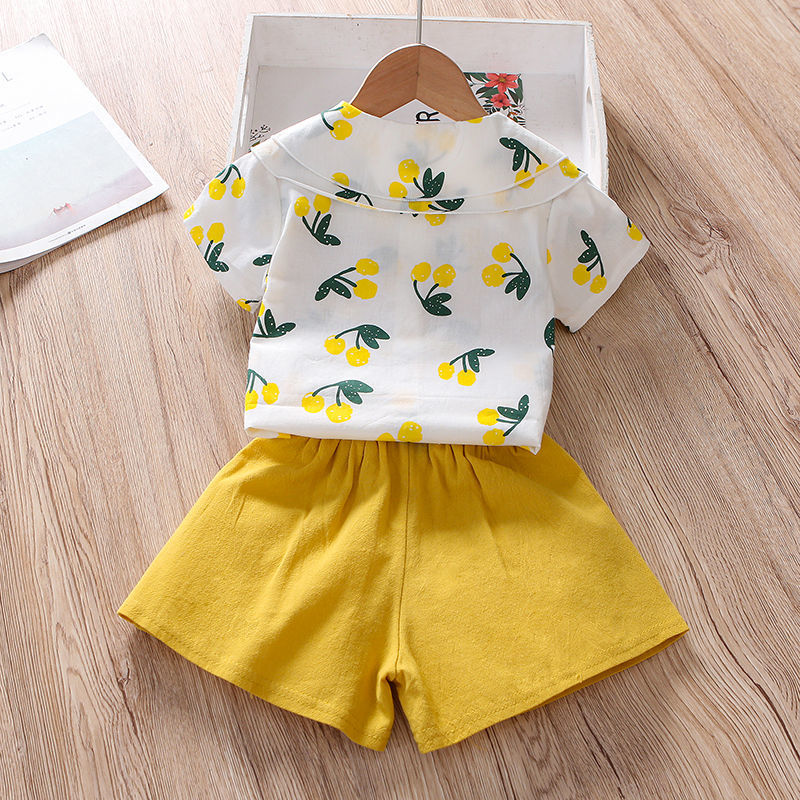 Girls summer suit short-sleeved fashion foreign style two-piece set children's baby summer shirt shorts clothes kids trendy