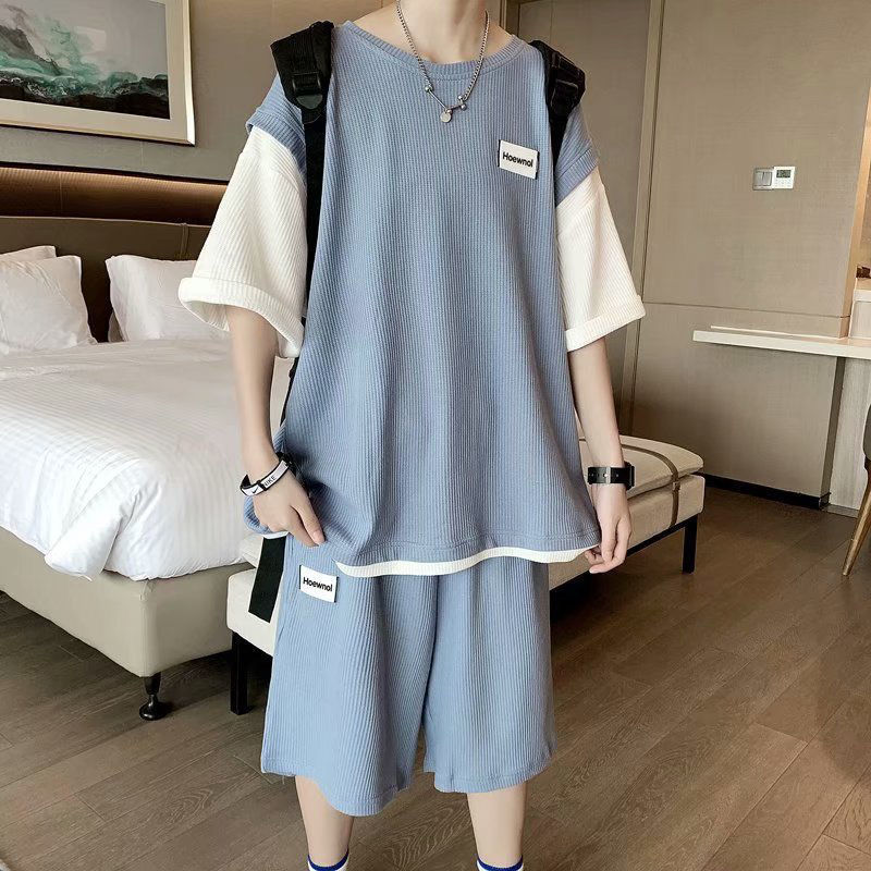 Waffle casual suit men's summer fake two-piece trendy short-sleeved T-shirt ins Hong Kong style sports tide brand five-point shorts