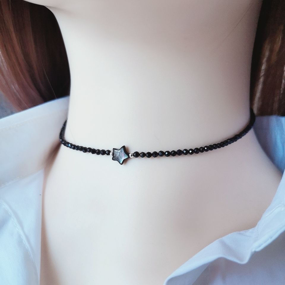 14k包金天然黑色尖晶锁骨链贝壳星星女颈链ins不掉色性感脖链