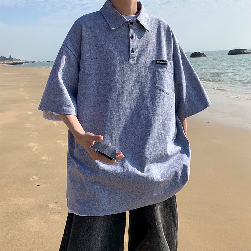 日系文藝簡約純色POLO衫夏季短袖工裝口袋寬鬆T恤衫oversize男女