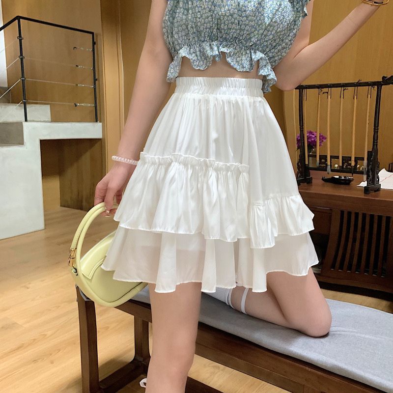 白色半身裙女裝夏季小個子高腰百搭顯瘦黑色裙子A字蓬蓬短裙學生