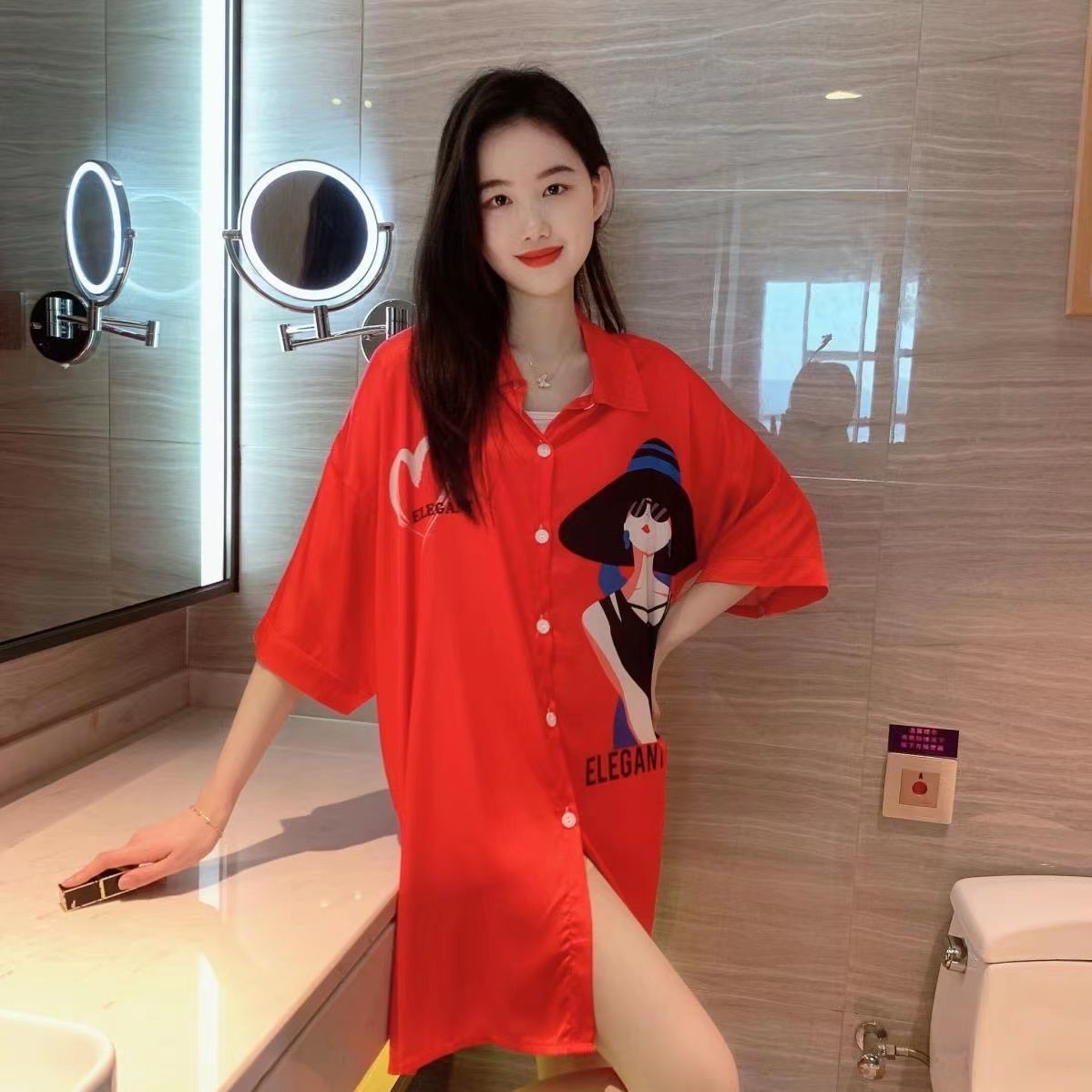 2022 boyfriend wind nightgown female Xia Bing silk thin sexy shirt pajamas Korean sweet cute white medium long