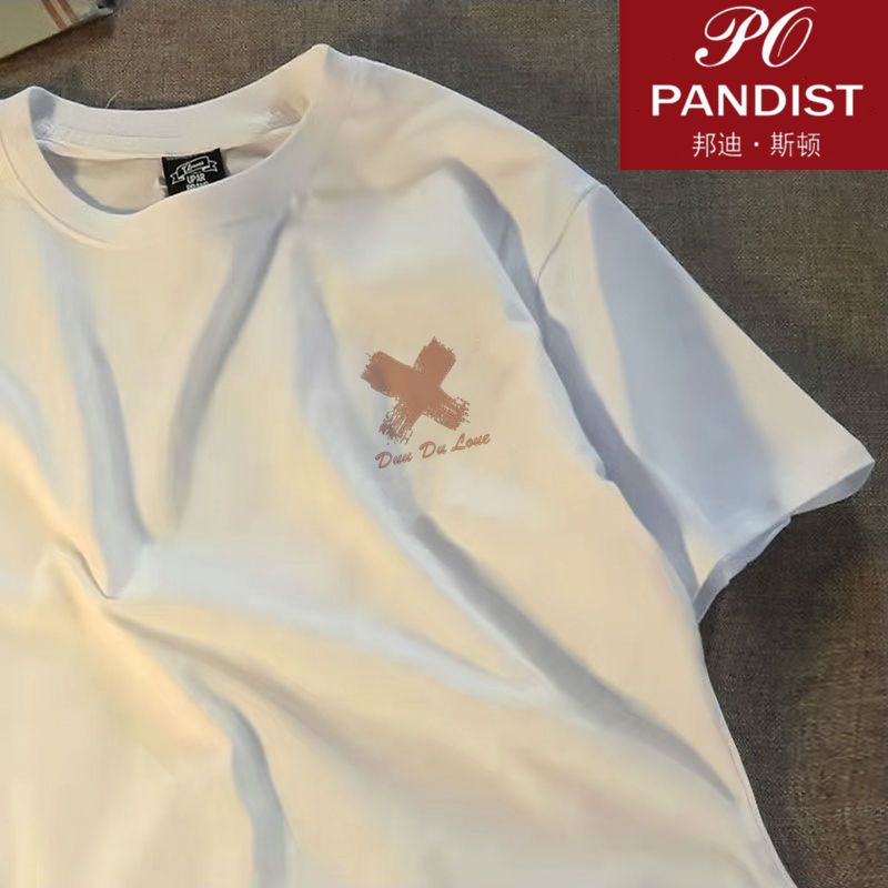 PANDIST 夏季短袖t恤男宽松圆领五分袖ins港风潮流学生半袖体恤衫